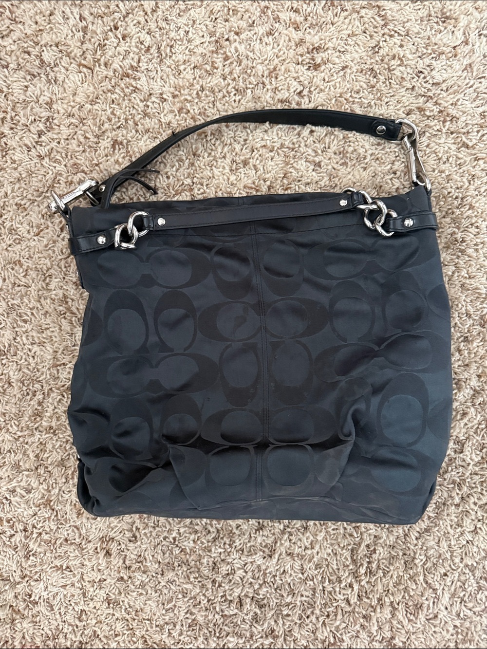 Coach Black Signature Jacquard Hobo Shoulder Bag with Silver Hardware